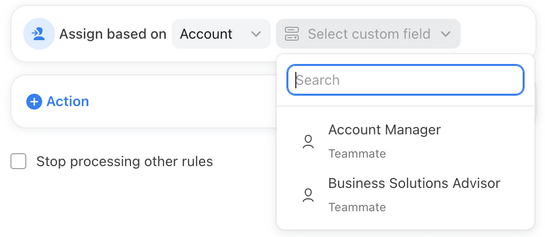 Front rule action Assign based on Account with a custom field dropdown listing Account Manager and Business Solutions Advisor, as seen in Front's help center