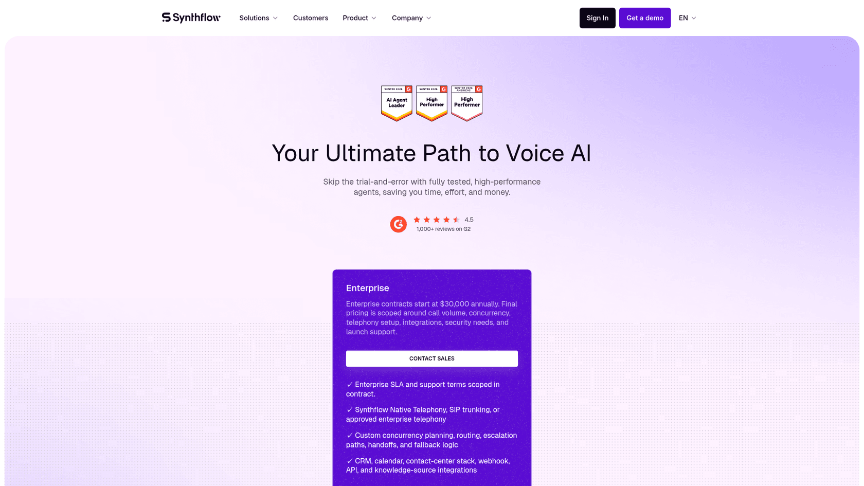 Synthflow pricing page showing Enterprise contracts from $30,000 a year, as taken from Synthflow