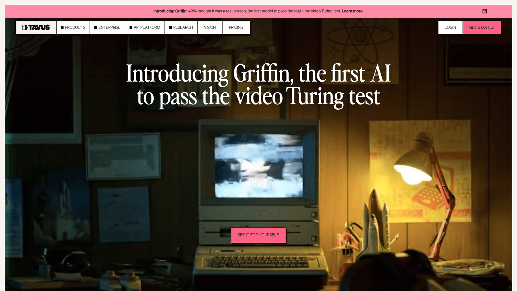 Tavus homepage announcing its Griffin video model, as taken from Tavus