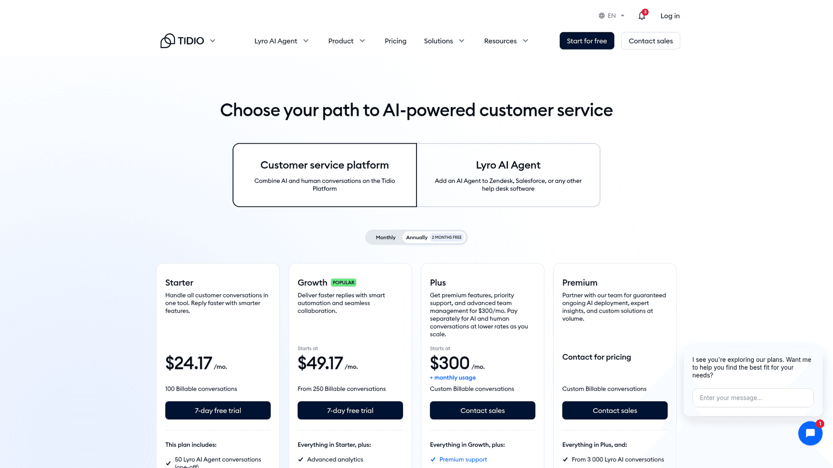 Tidio pricing page with Starter, Growth, Plus, and Premium plans, as taken from tidio.com/pricing