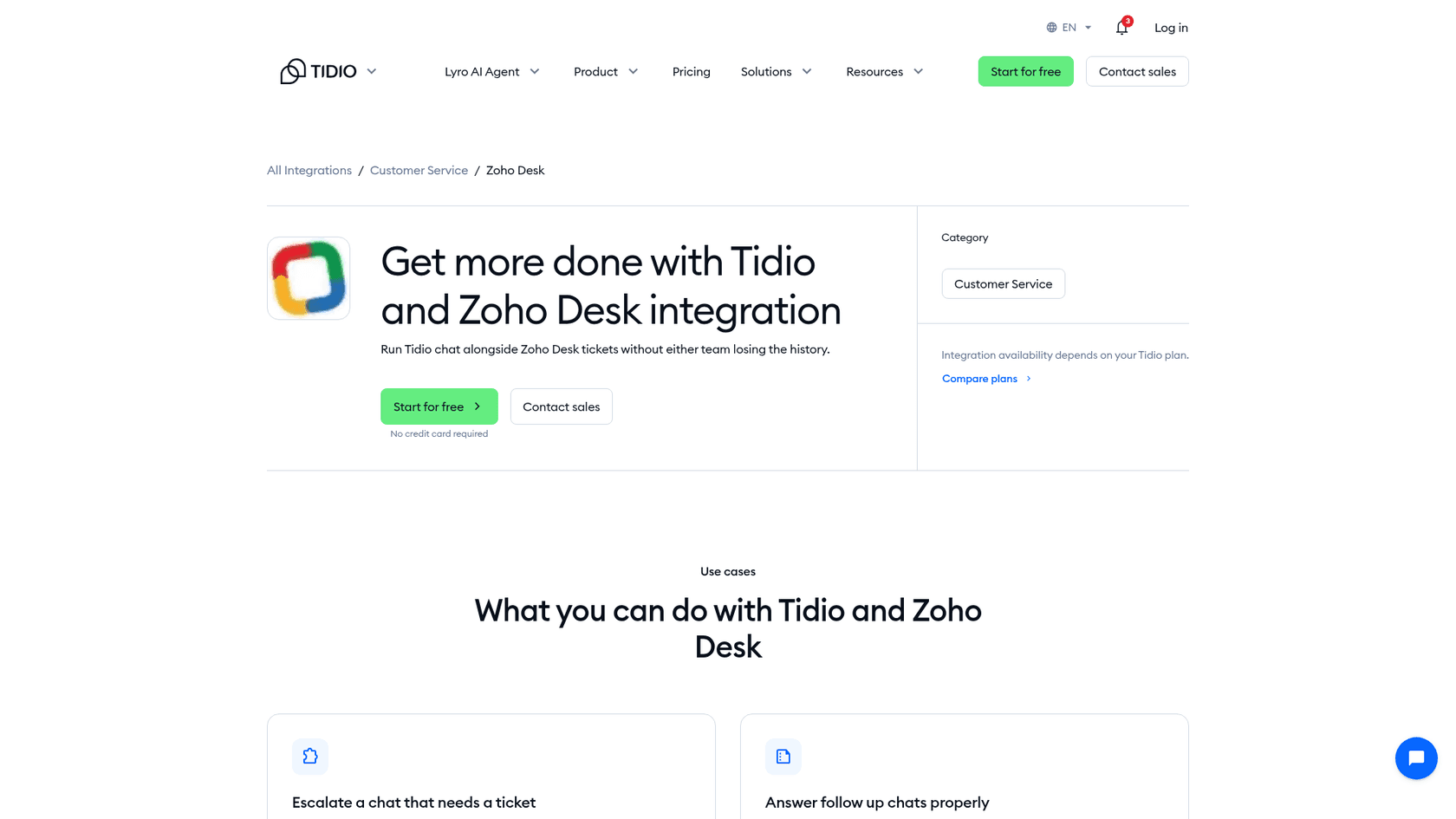 Tidio and Zoho Desk integration page, "Run Tidio chat alongside Zoho Desk tickets without either team losing the history", as taken from Tidio
