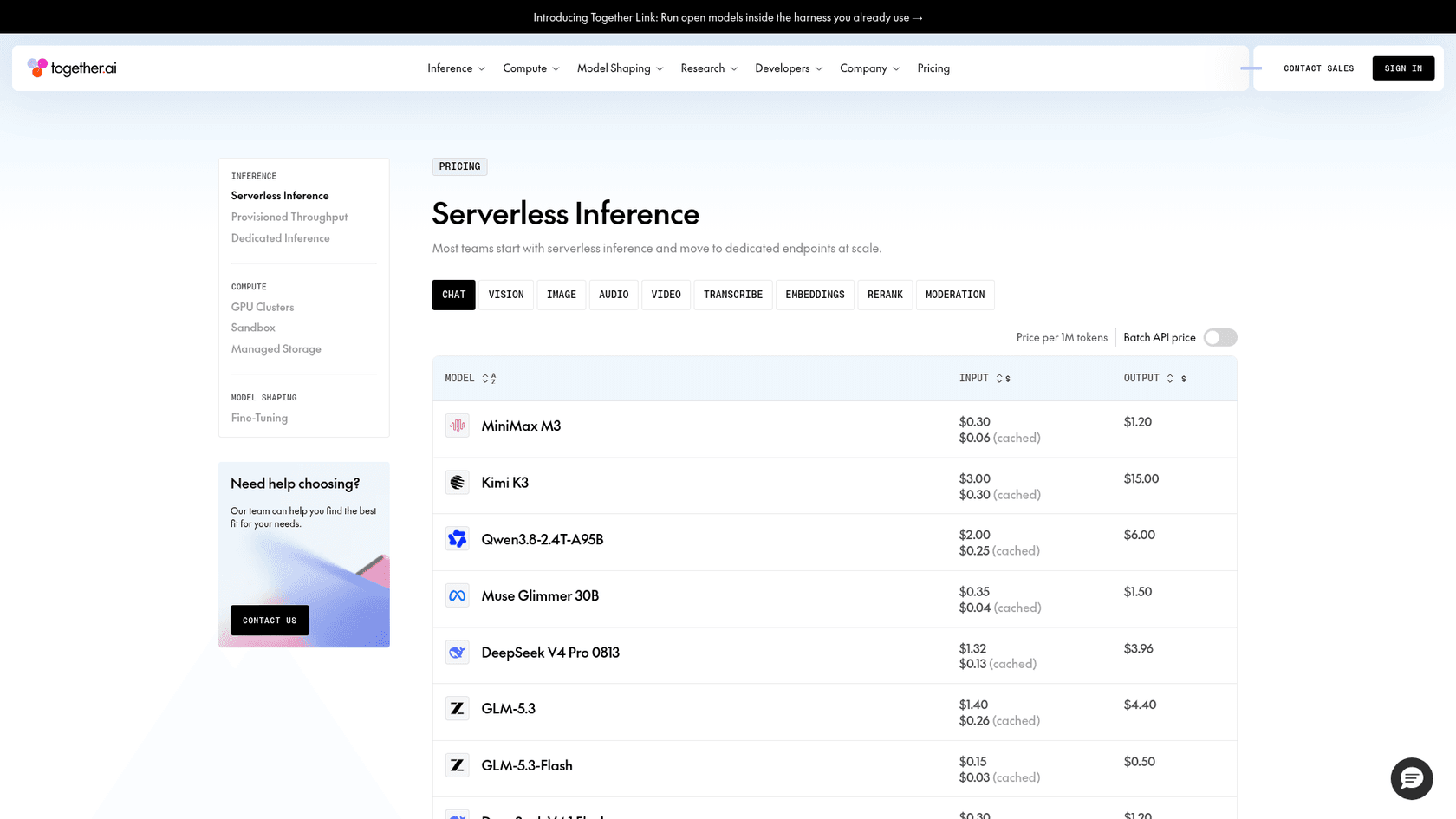 The Together AI pricing page, starting with the serverless inference table, as taken from Together AI
