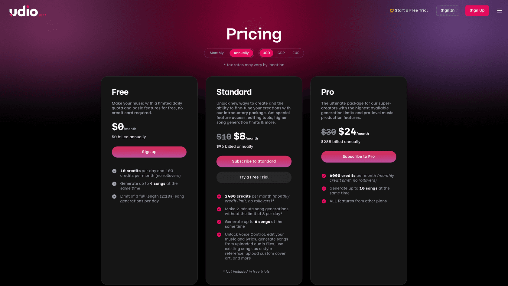 Udio pricing page with Free, Standard at $8 a month billed annually, and Pro at $24 a month plans, as taken from Udio
