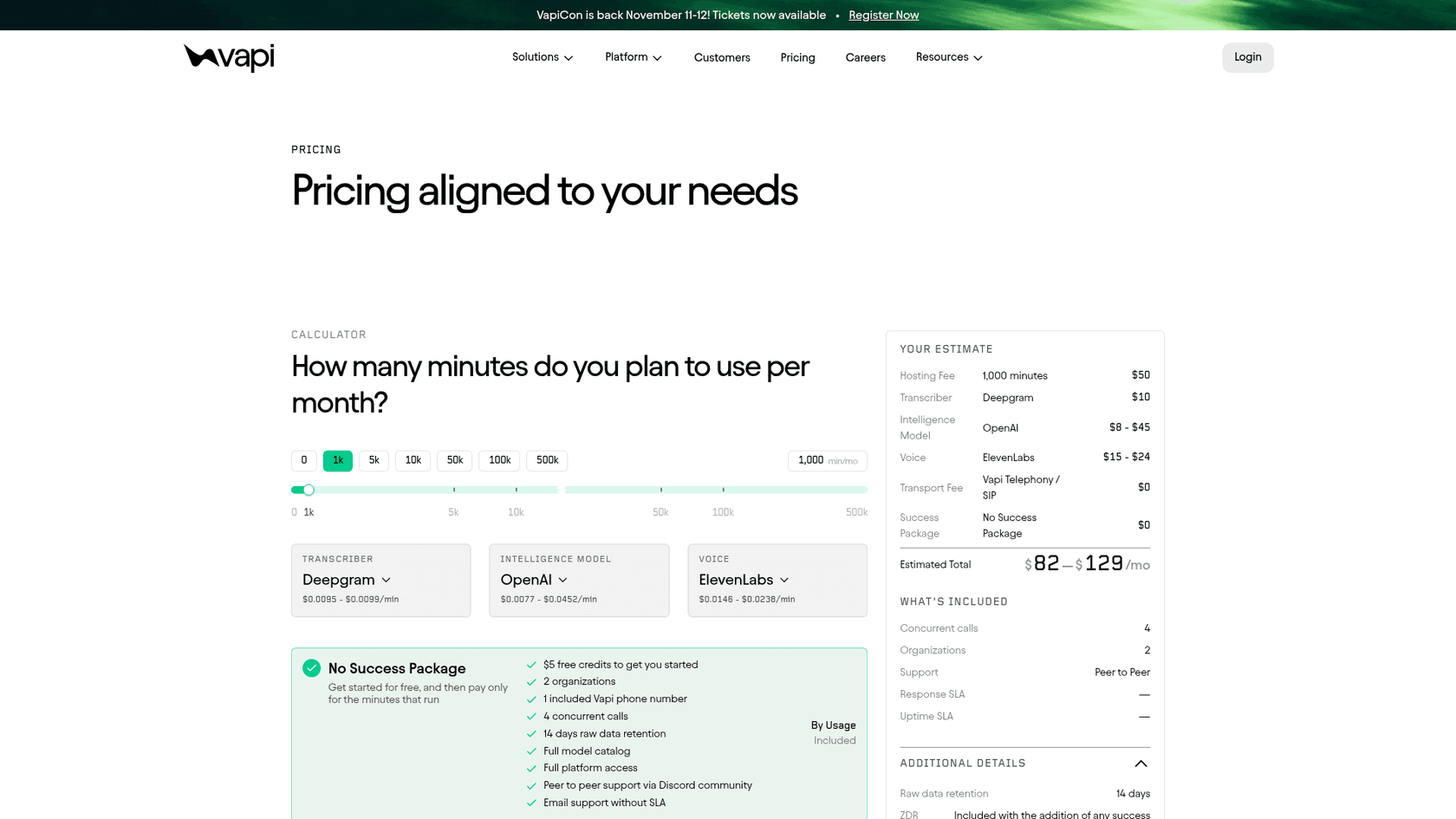 Vapi pricing calculator with hosting fee and provider costs, as taken from Vapi
