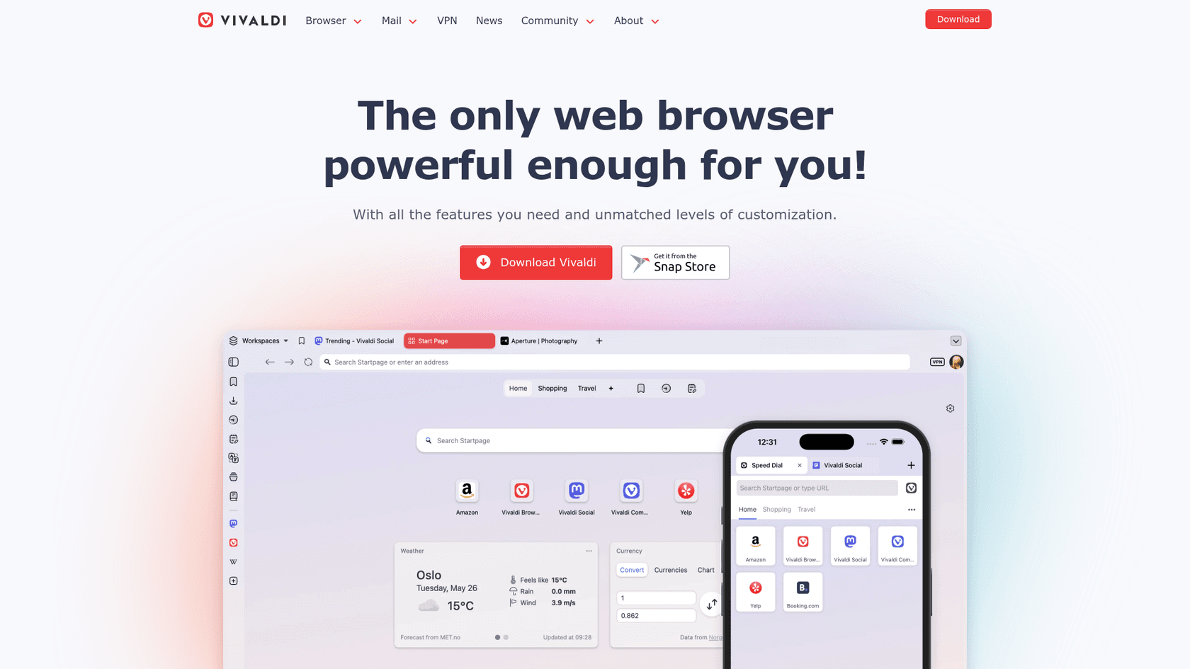 Vivaldi's homepage showing its customizable browser window, as taken from Vivaldi