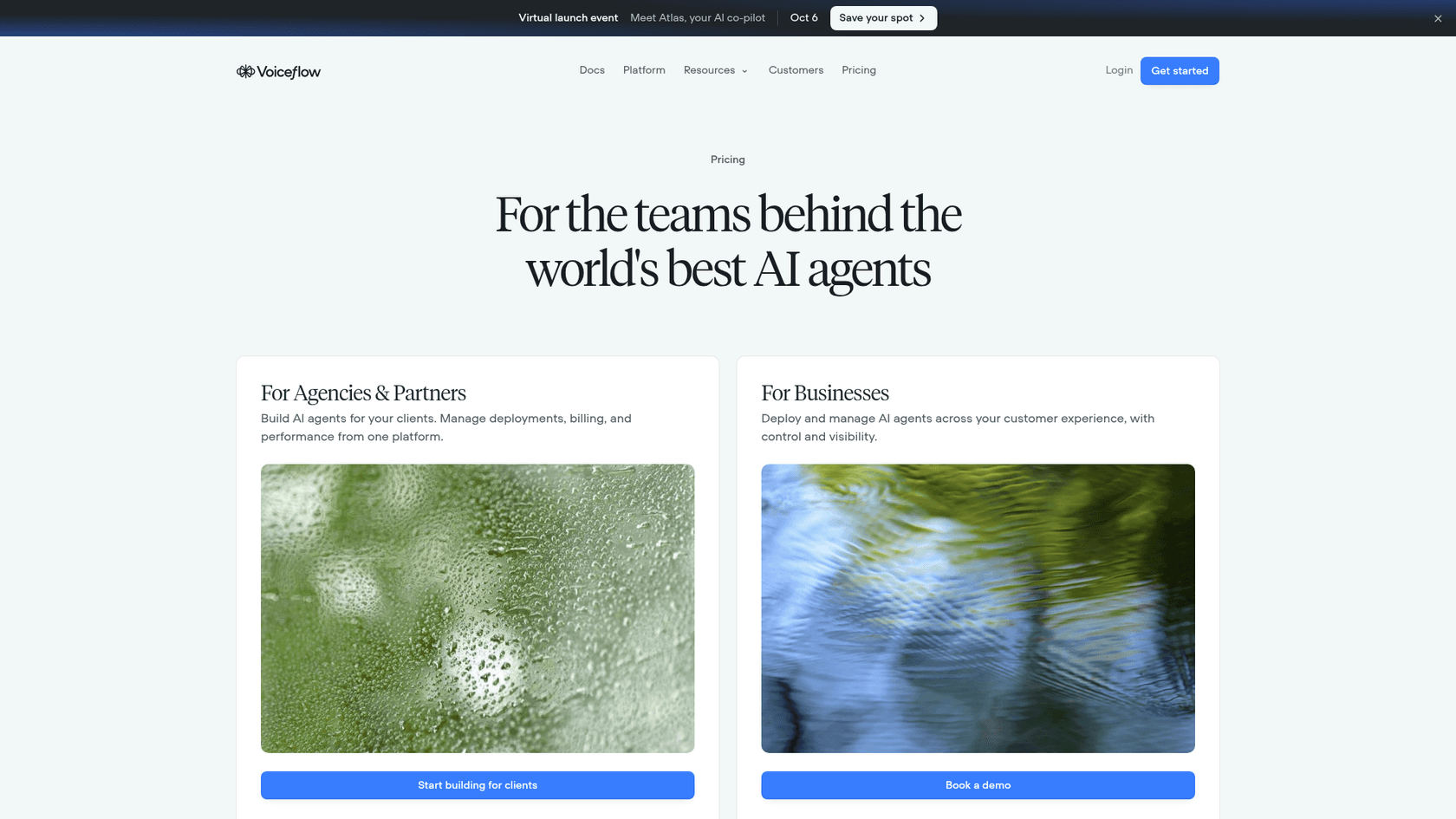 Voiceflow's pricing page showing two tracks, Agencies and Partners with a free trial and Businesses with a demo request, and no plan prices, as taken from Voiceflow