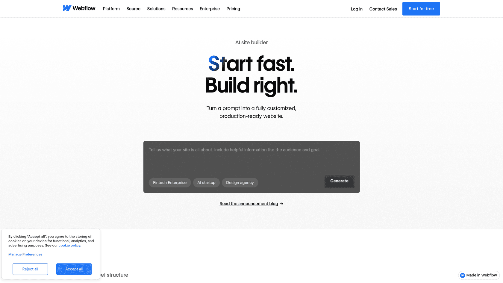 Webflow's AI site builder page with its prompt box for generating a site, as taken from Webflow
