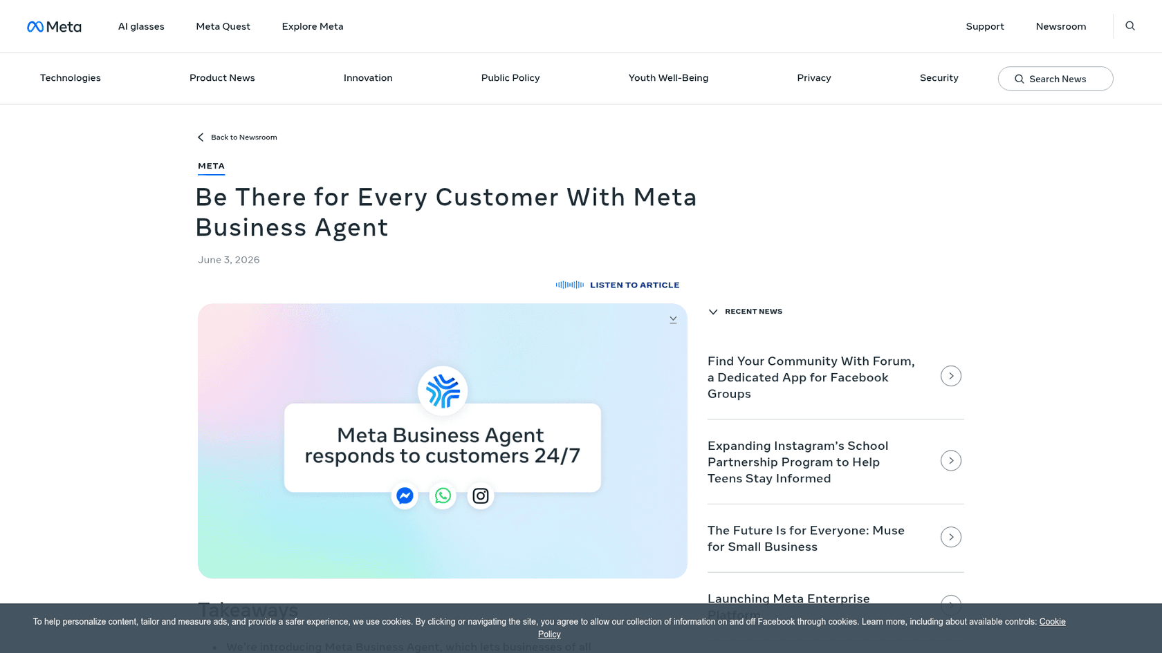 Meta's newsroom announcement of Meta Business Agent, which responds to customers 24/7 on Messenger, WhatsApp and Instagram, as taken from Meta's newsroom