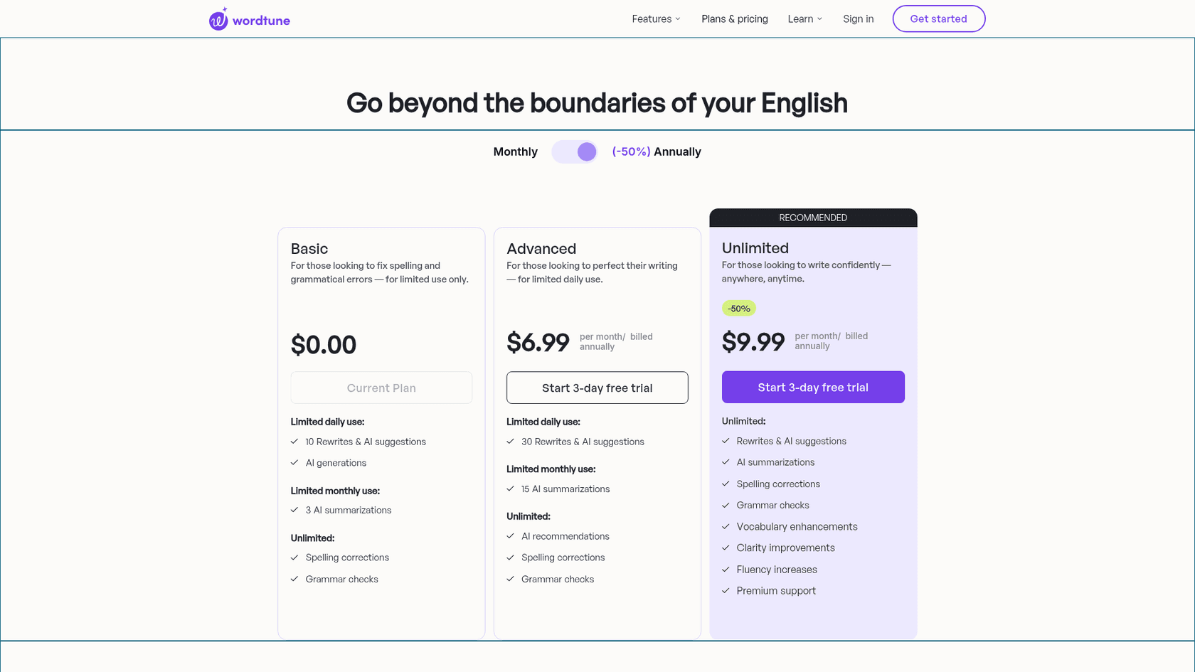 Wordtune's Basic, Advanced, and Unlimited plans, as taken from Wordtune's plans page