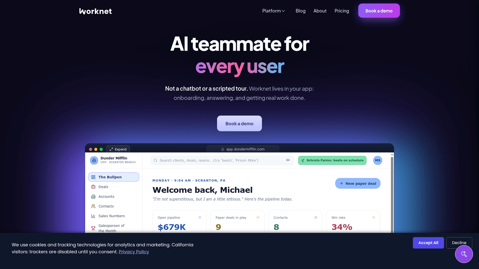 Worknet homepage with the AI teammate for every user headline and a live demo, as taken from Worknet