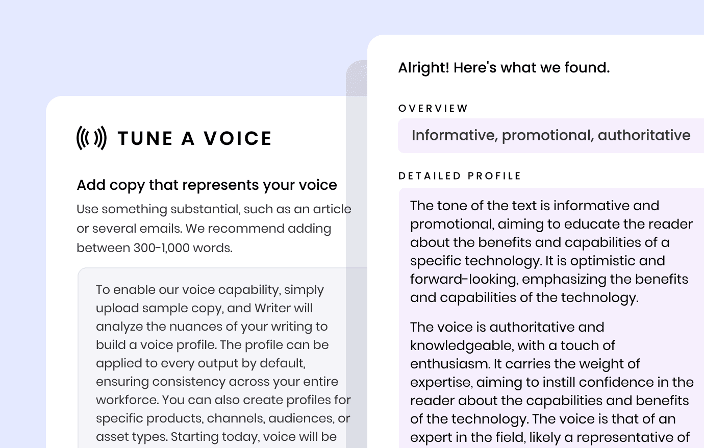 Writer Voice Profile showing brand tone being extracted from sample text and applied to AI writing outputs