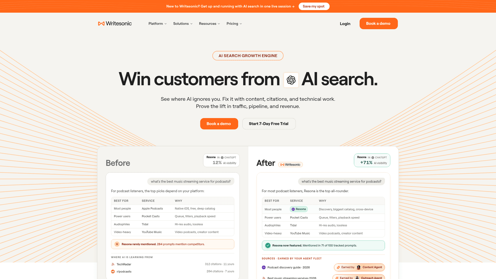 Writesonic homepage in 2026 showing its AI search growth engine pitch, as taken from Writesonic