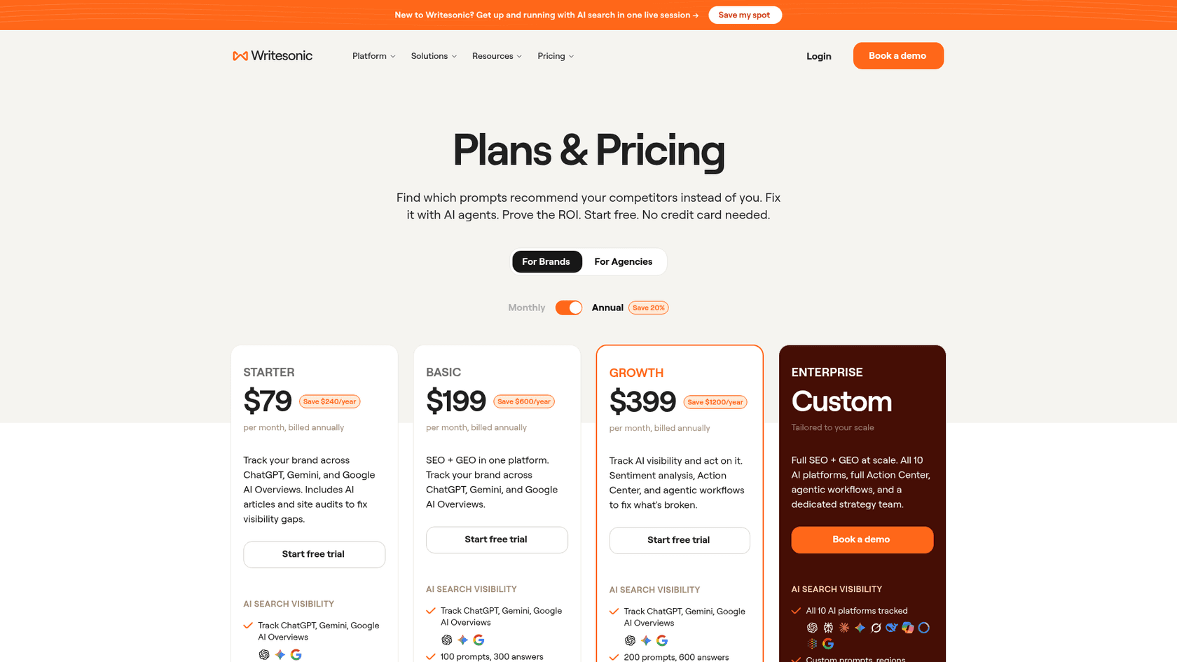 Writesonic's 2026 pricing page showing Starter at $79, Basic at $199, Growth at $399 and a custom Enterprise plan, as taken from Writesonic