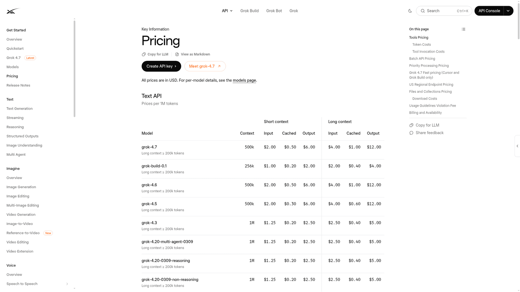 xAI's API pricing page listing grok-4.7 and earlier models, as taken from xAI's developer docs