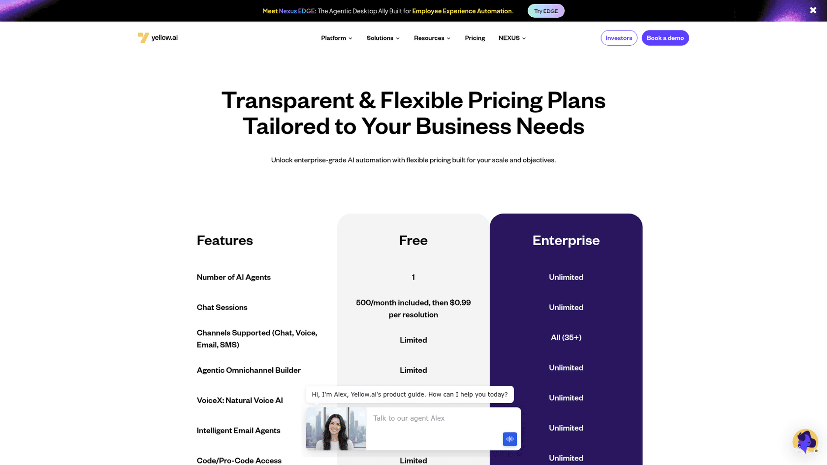 Yellow.ai pricing page showing the one published rate, 500 chat sessions a month then $0.99 per resolution, next to a quote-only Enterprise column, as taken from Yellow.ai.