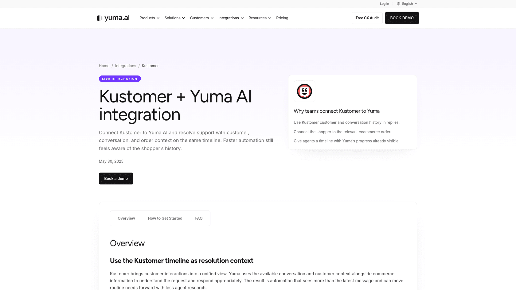 Yuma AI's Kustomer integration page, "Kustomer + Yuma AI integration", marked as a live integration, as taken from Yuma AI