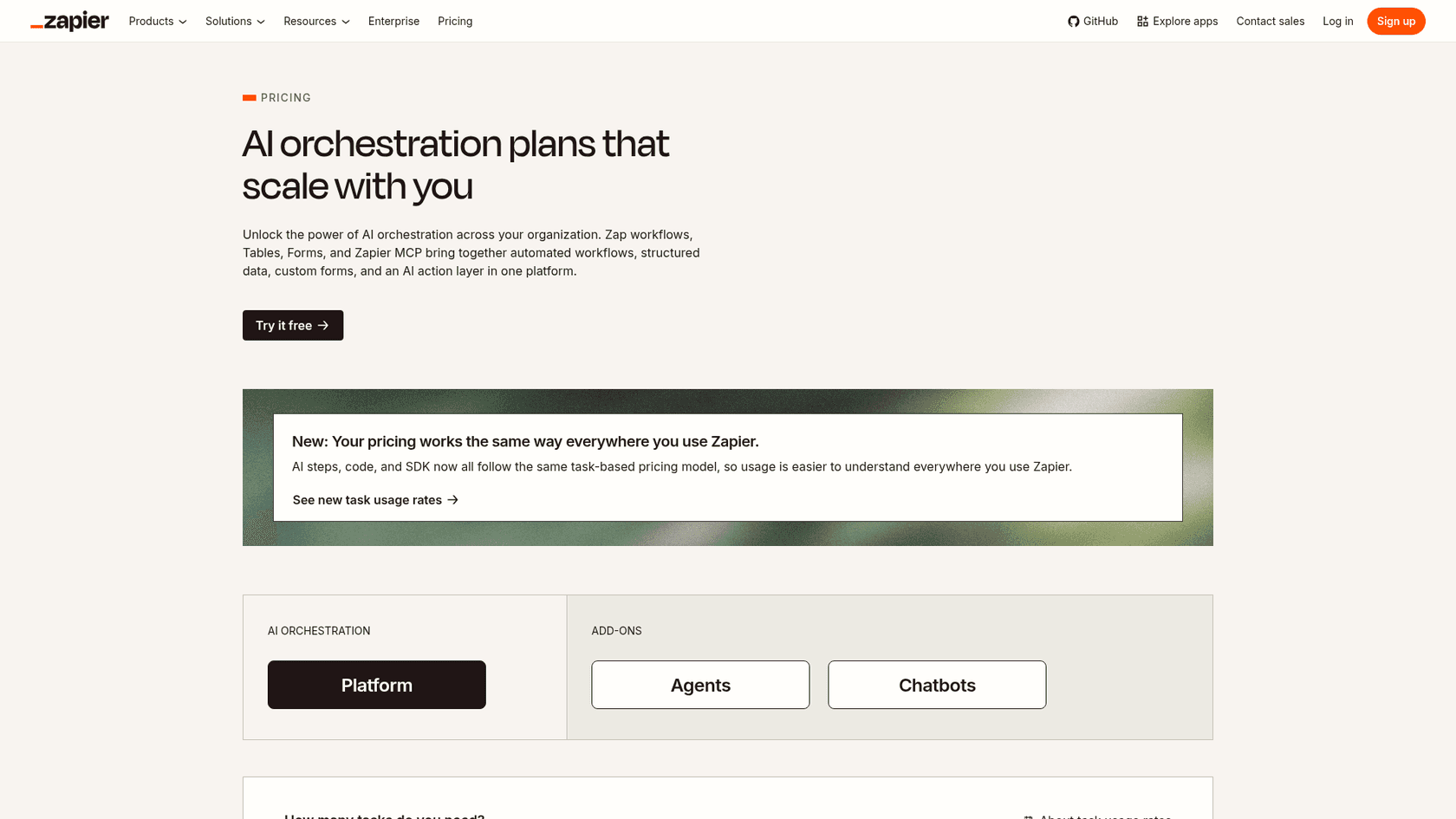 Zapier pricing page showing its Platform plans and task-based pricing, as taken from Zapier