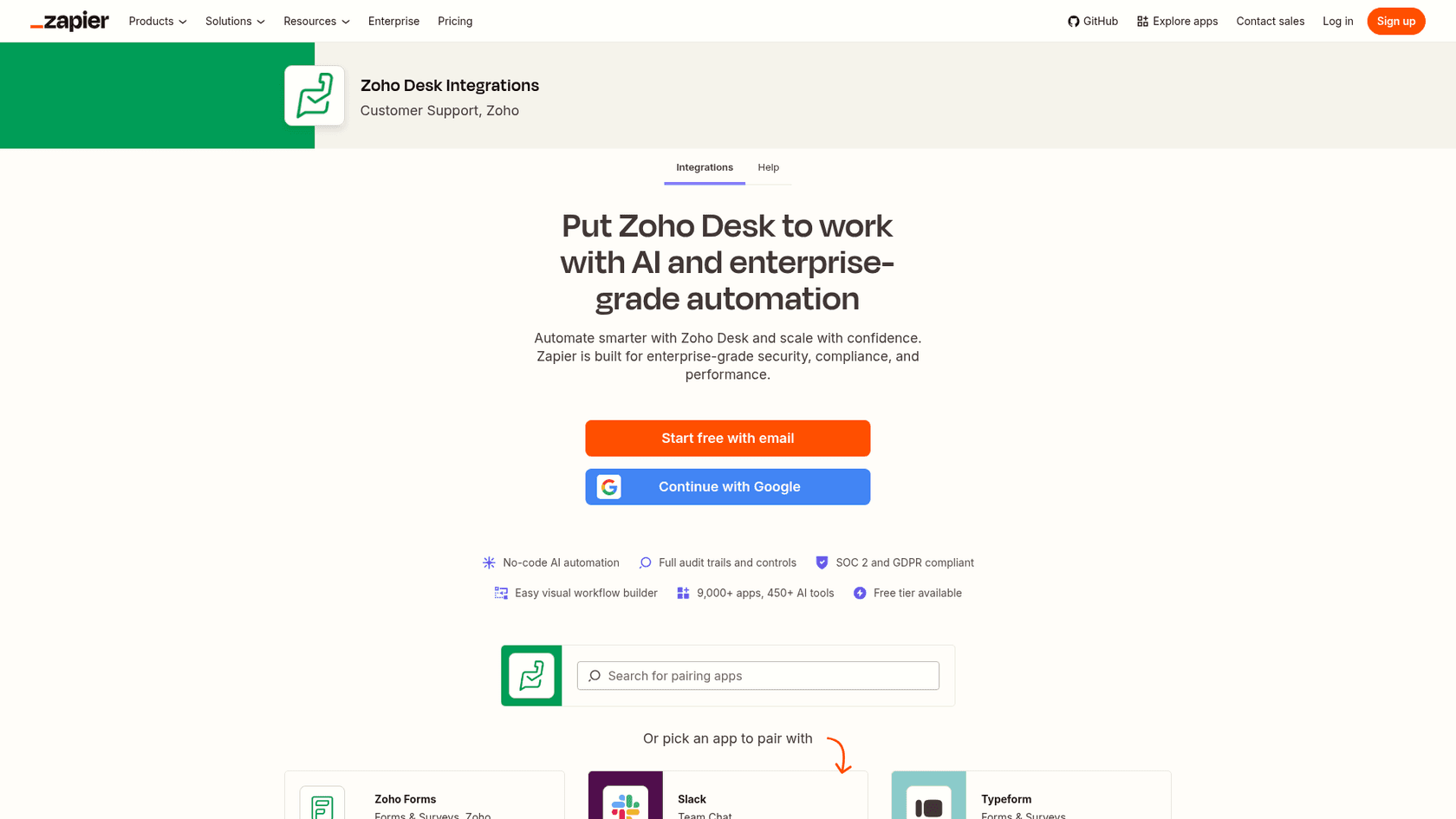Zapier's Zoho Desk integrations page, "Put Zoho Desk to work with AI and enterprise-grade automation", as taken from Zapier