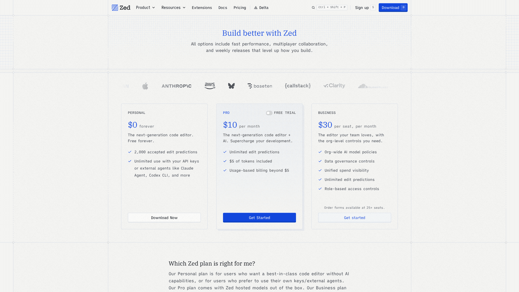 Screenshot of the Zed pricing page showing Personal, Pro and Business plans, as taken from Zed
