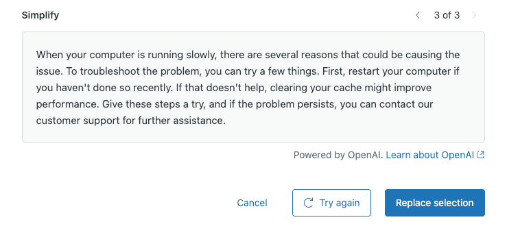 The Simplify writing tool with a Try again option, shown here on help center content, as taken from Zendesk documentation