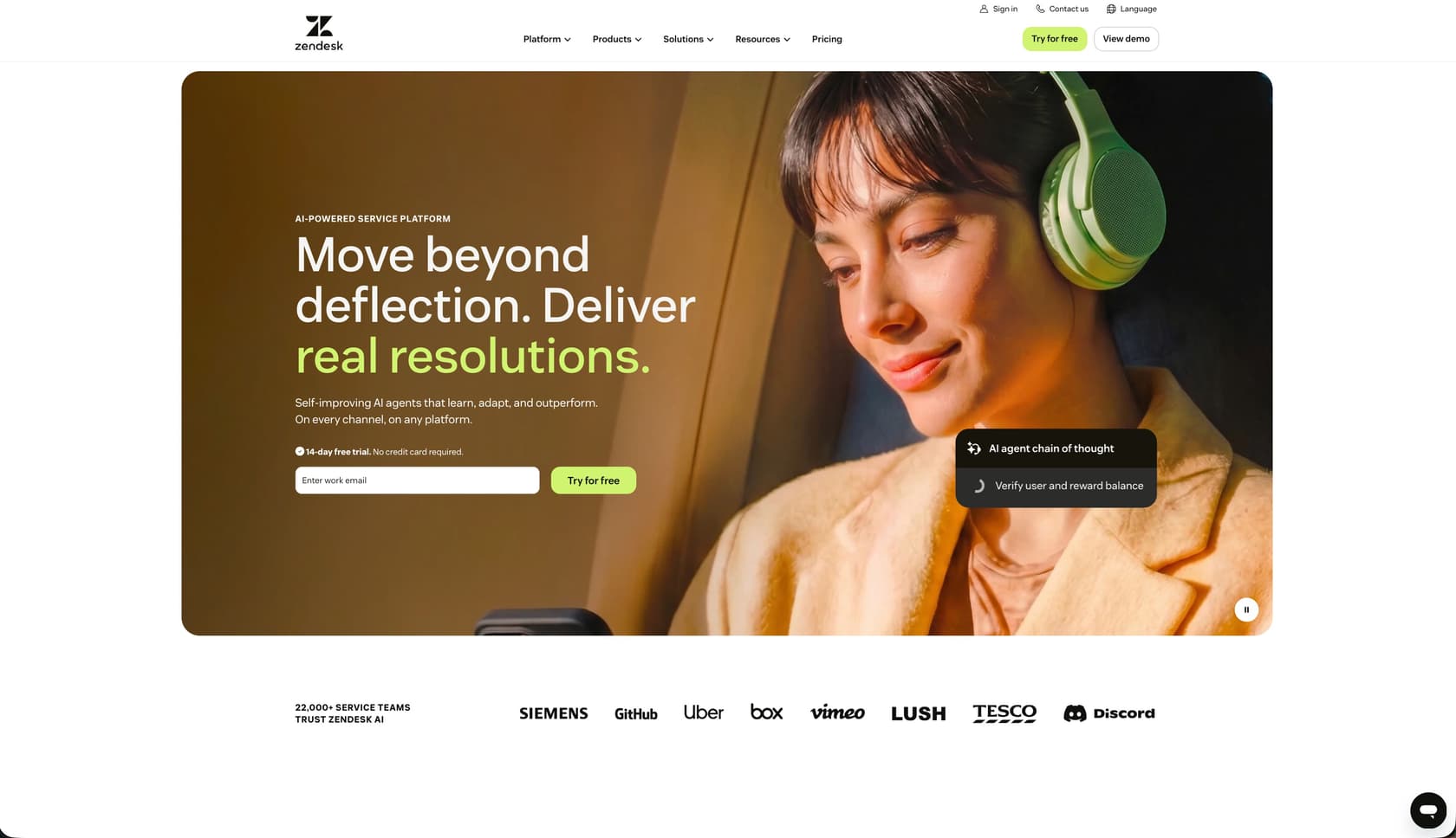 The Zendesk customer service and AI agents landing page