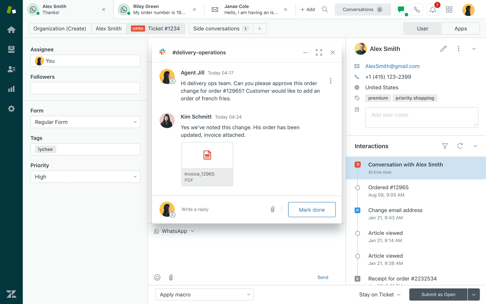 Zendesk side conversation reply in a Slack thread, linked to the originating ticket