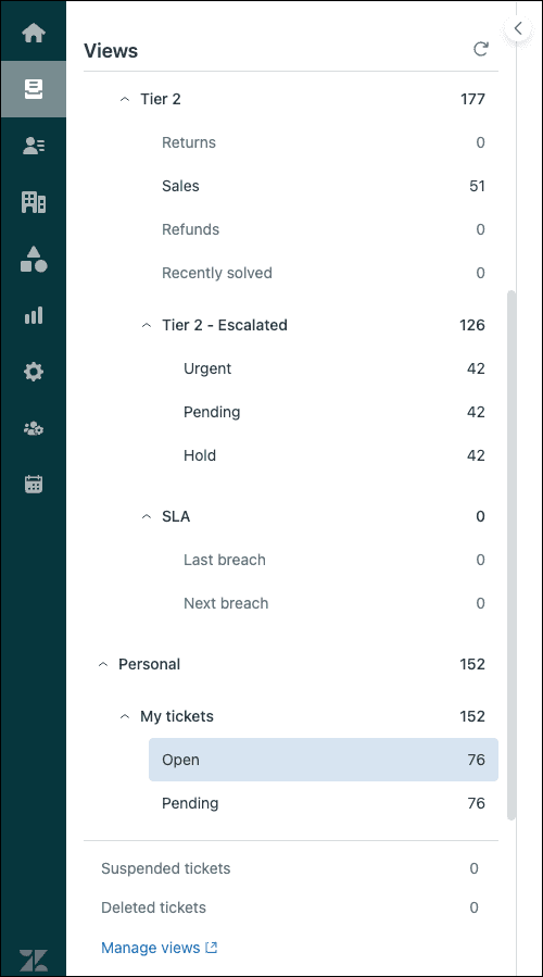 Nested folder structure using double-colon naming convention in the Zendesk Views panel, as taken from Zendesk's categorizing guide