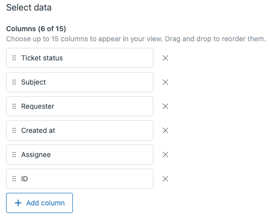 Zendesk view configuration interface for selecting and ordering columns, as taken from Zendesk's view creation guide