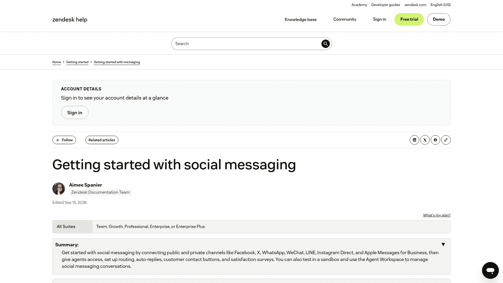 Zendesk's help article on getting started with social messaging, listing Facebook, X, WhatsApp, WeChat, LINE, Instagram Direct and Apple Messages for Business, as taken from Zendesk help