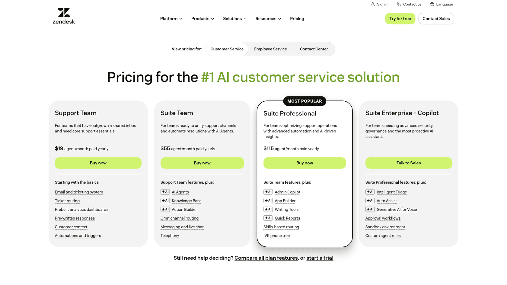 Zendesk pricing page showing Support Team at $19, Suite Team at $55 and Suite Professional at $115 per agent per month, as taken from Zendesk