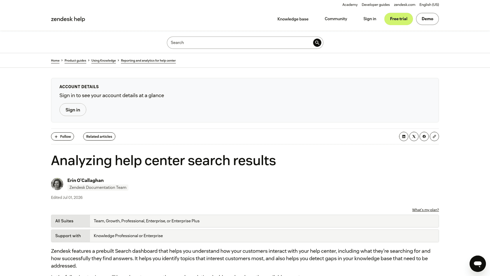 Zendesk documentation page for the help center Search dashboard, as taken from Zendesk Help