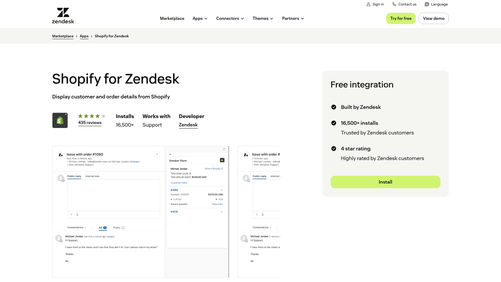The Shopify for Zendesk listing on the Zendesk Marketplace, showing the order sidebar, as taken from Zendesk