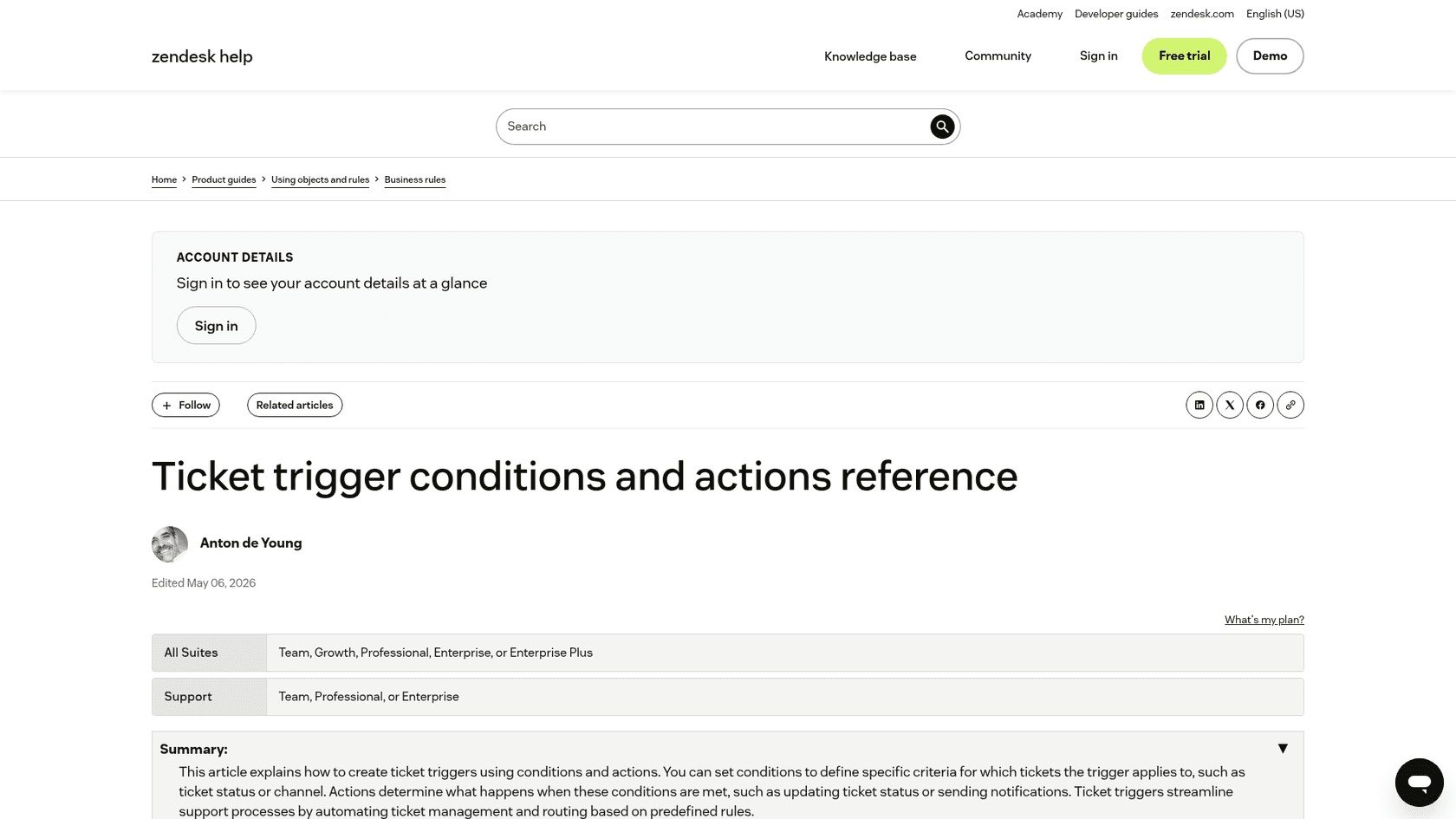 Zendesk help center page for the ticket trigger conditions and actions reference, as taken from Zendesk