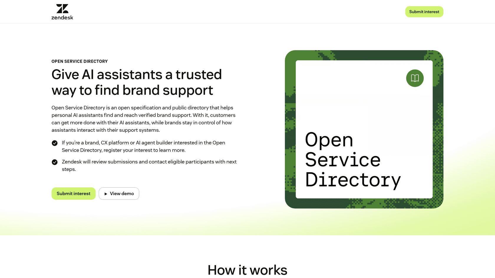Zendesk's Open Service Directory landing page with a register-interest button, as taken from Zendesk