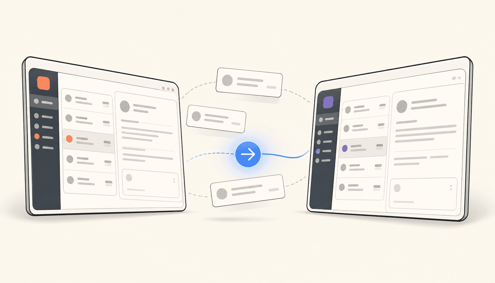Two stylized helpdesk inbox panels facing each other with floating ticket cards and a single eesel-blue send arrow connecting them