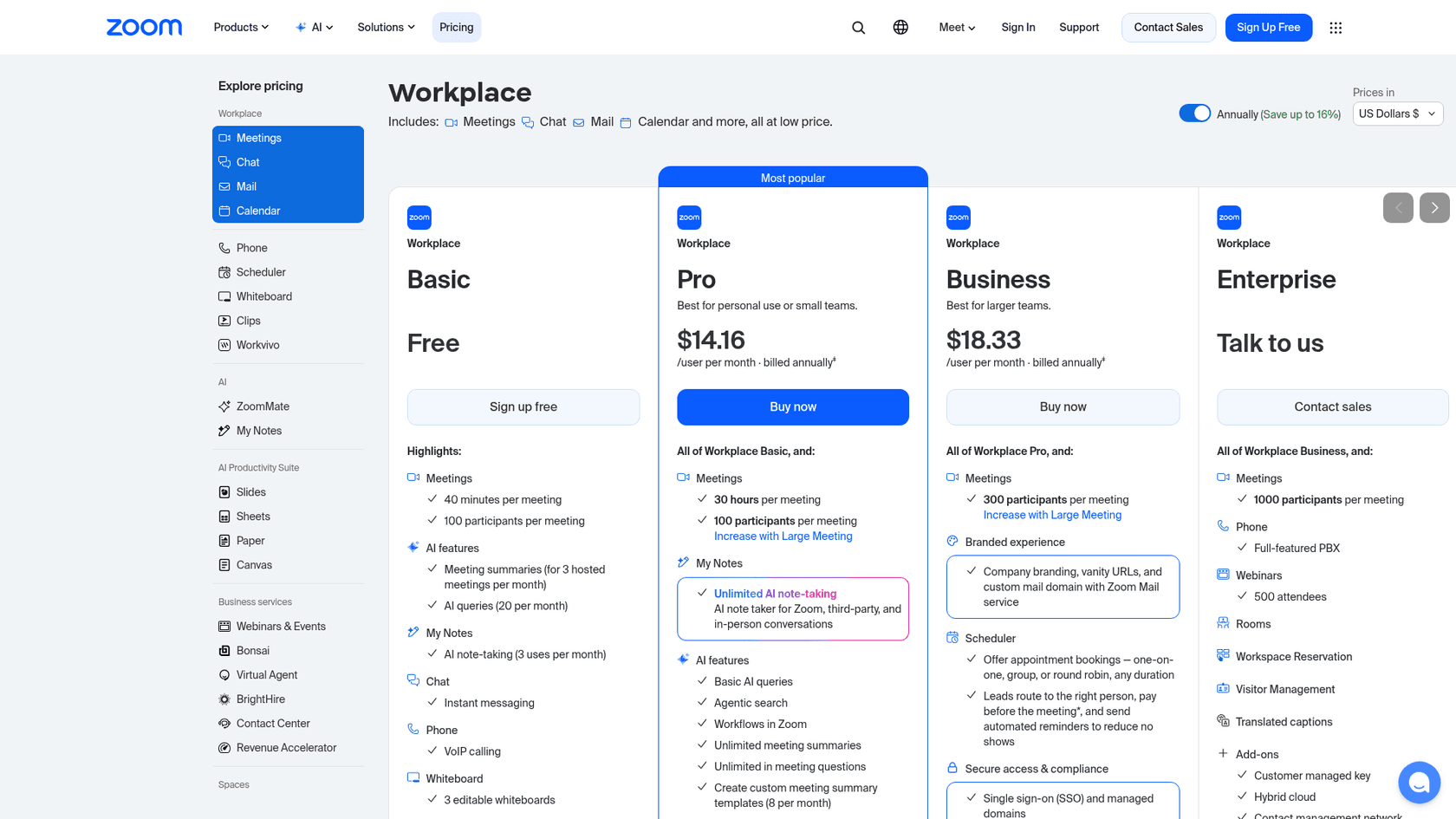 Zoom Workplace plans (Basic, Pro, Business, Enterprise) as shown on Zoom's pricing page