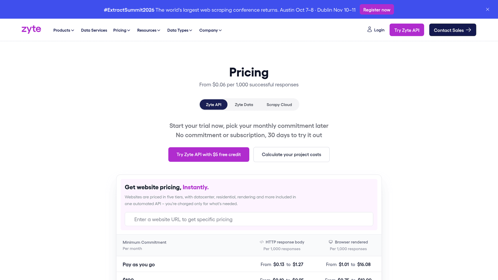 Zyte's pricing page showing pay-as-you-go and monthly commitment rates, as taken from Zyte