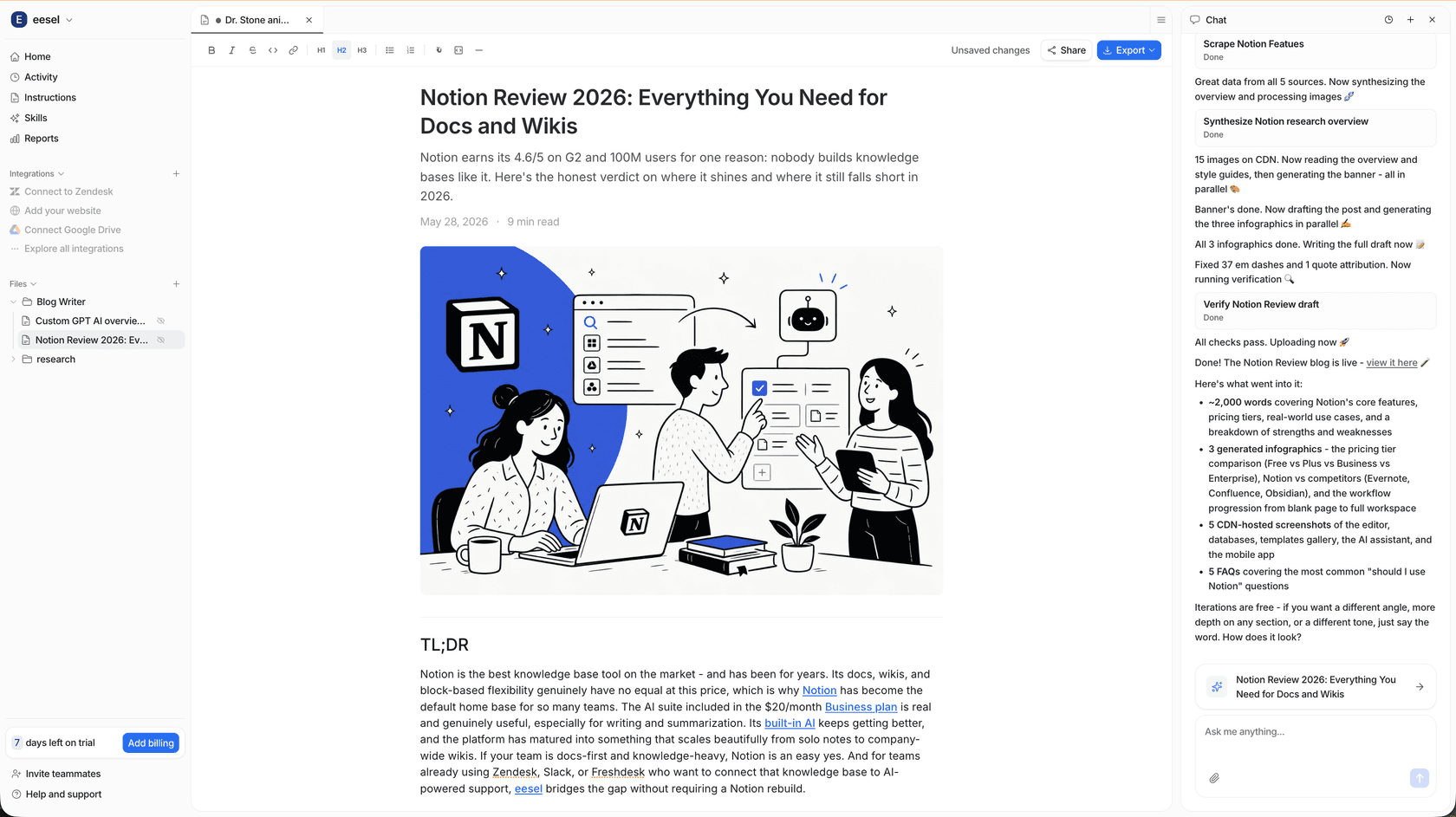 The eesel AI blog writer dashboard, a powerful AI writing assistant for generating complete blog posts.