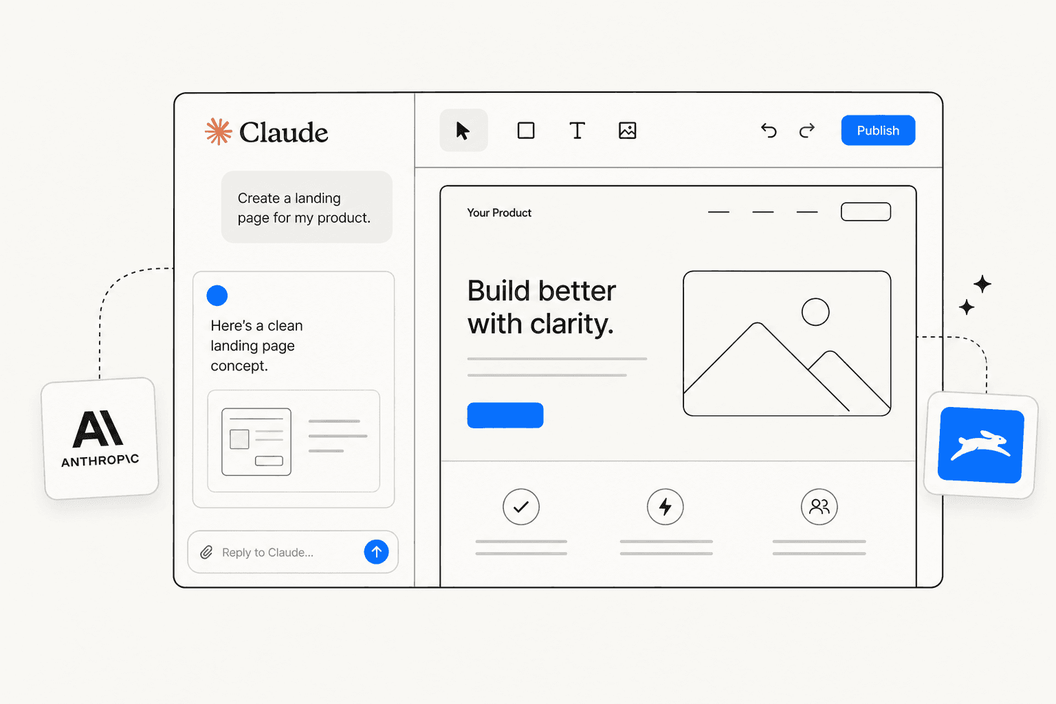 Editorial illustration of a split-panel design tool interface with chat on the left and a live canvas preview on the right, in eesel's flat editorial SaaS style
