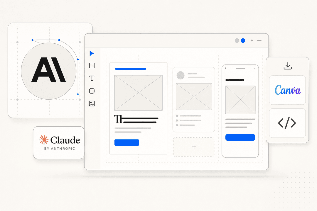 Editorial illustration of an AI design workspace with Claude branding, design panels, and export options in a clean flat style
