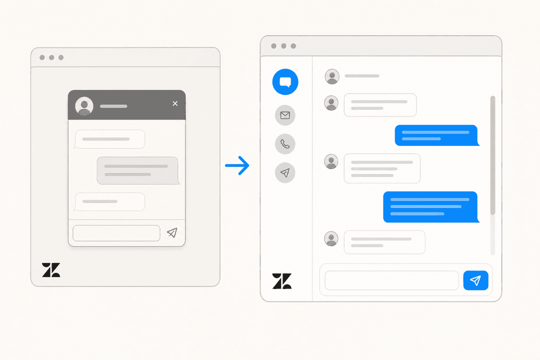 Illustration showing the transition from legacy Zendesk Chat widget to the modern persistent Messaging interface