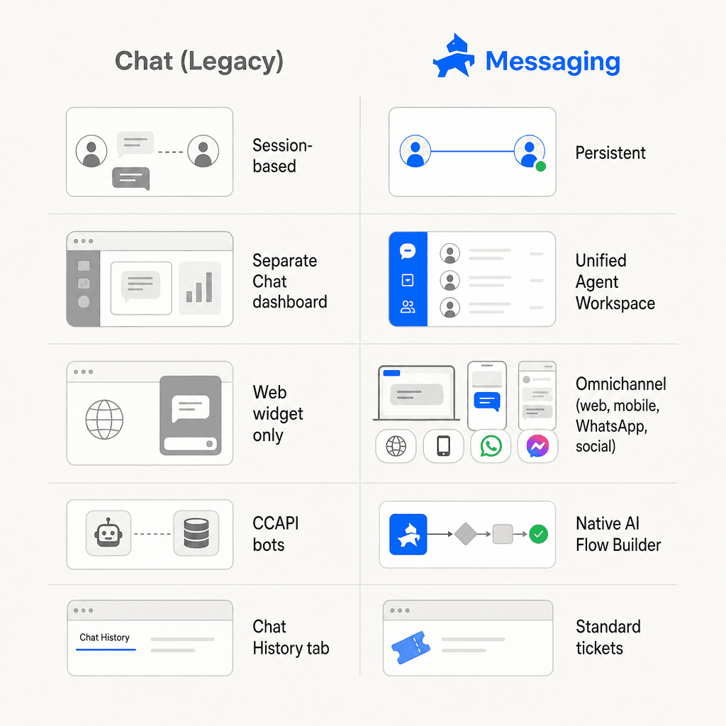 Side-by-side comparison of Zendesk Chat (Legacy) versus Zendesk Messaging across conversation model, UI, channels, bots, routing, and history