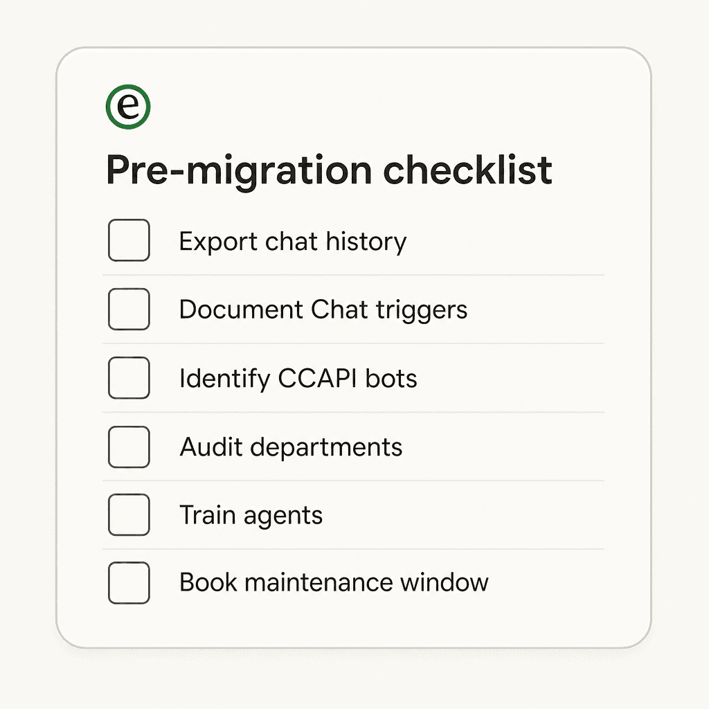 Pre-migration checklist with six items: export chat history, document Chat triggers, identify CCAPI bots, audit departments and routing, train agents, and book a maintenance window