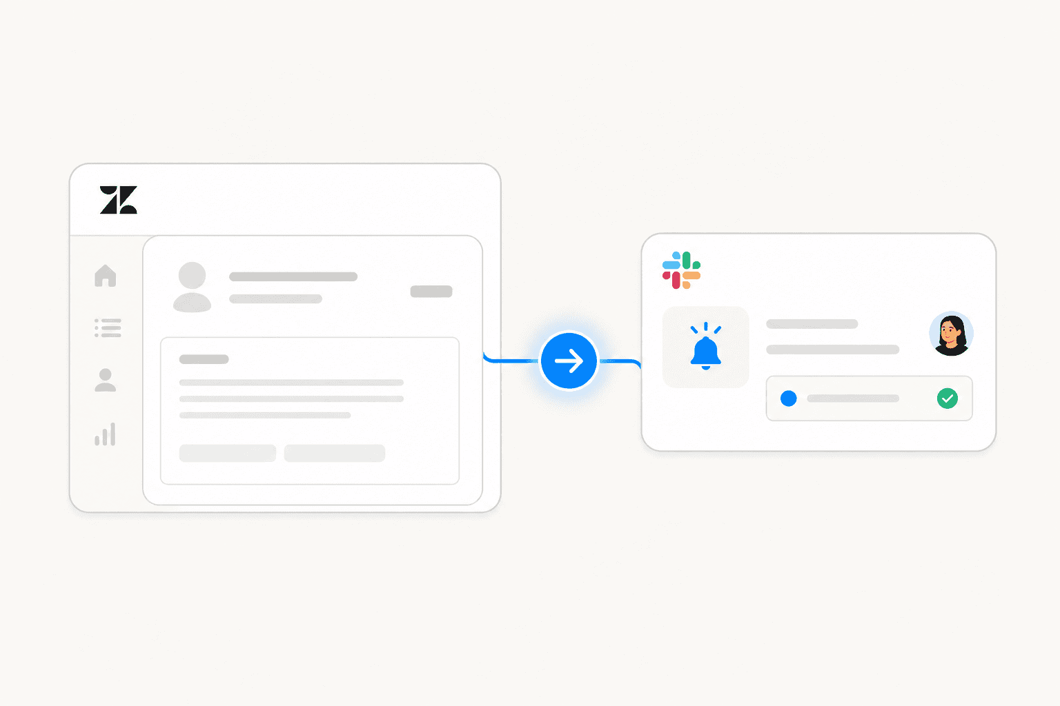 Zendesk ticket card connected to a Slack notification alert with a blue directional arrow