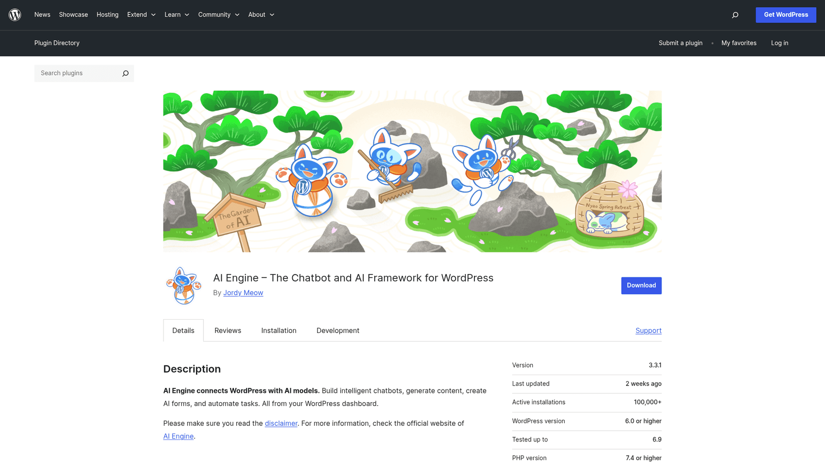A screenshot of the AI Engine AI blog WordPress plugin homepage, a flexible framework for integrating AI into a WordPress site.