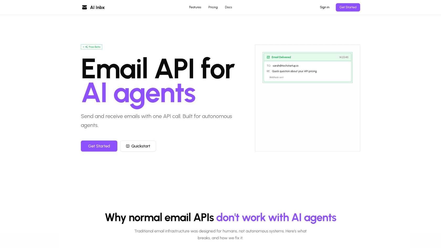 AI Inbx landing page with email API for AI agents