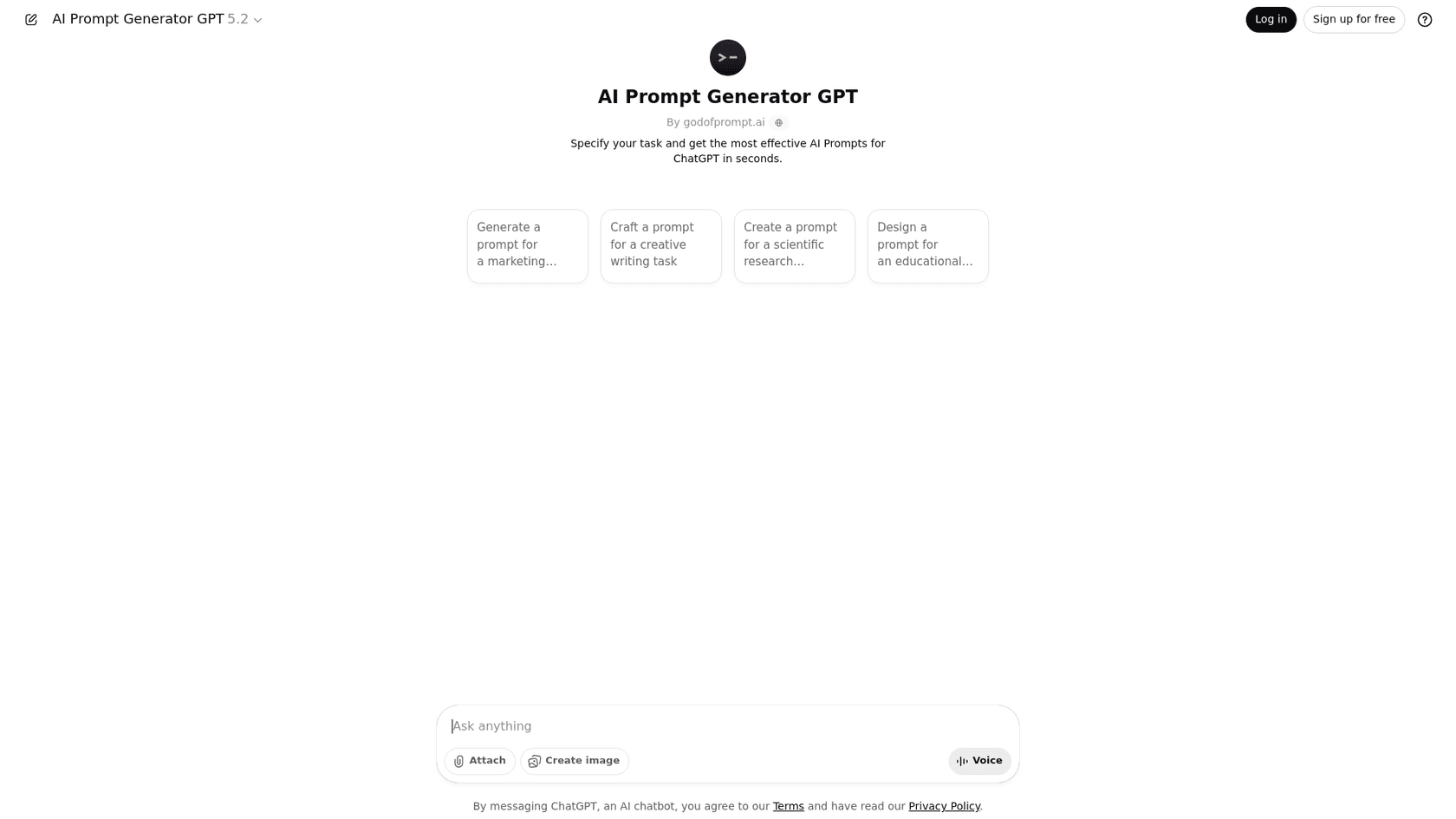 A screenshot showing the AI Prompt Generator GPT in the official GPT store, a tool for creating better ChatGPT prompts.