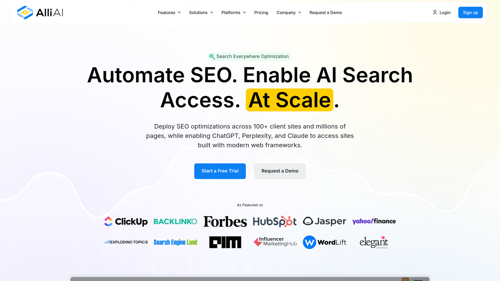 A screenshot of the Alli AI website homepage, a tool that uses AI agents for SEO audits and large-scale technical optimizations.