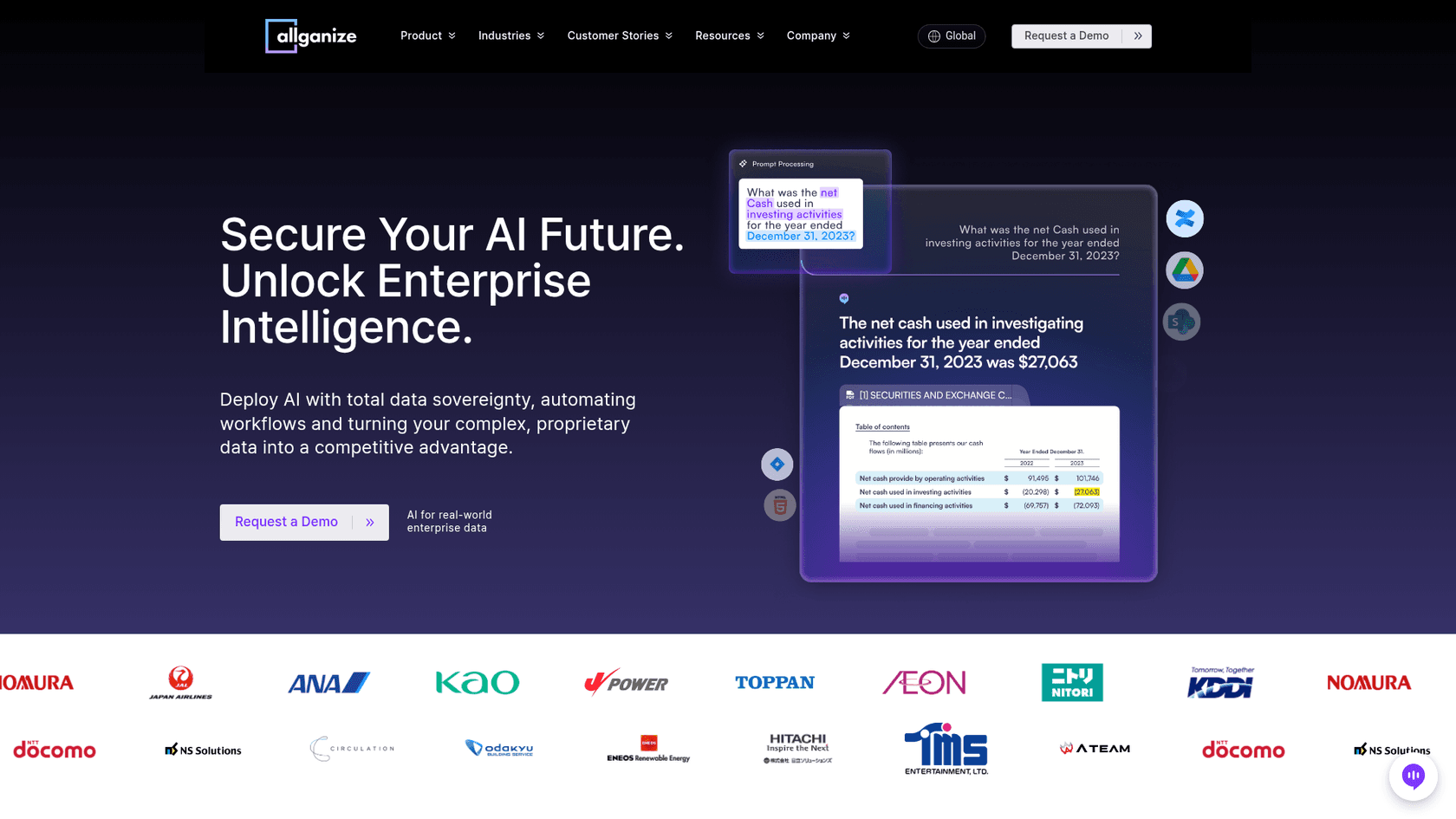 A screenshot of the Alli AI by Allganize website, an SEO automation platform for building custom enterprise AI agents.