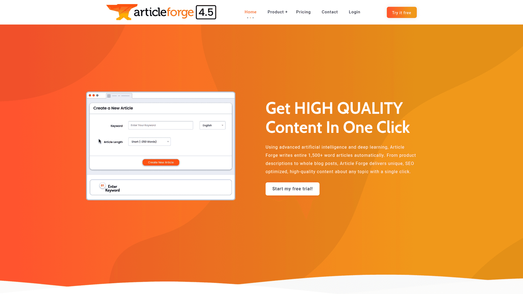 A screenshot of the Article Forge homepage, a key tool in the Article Forge vs Writesonic comparison.